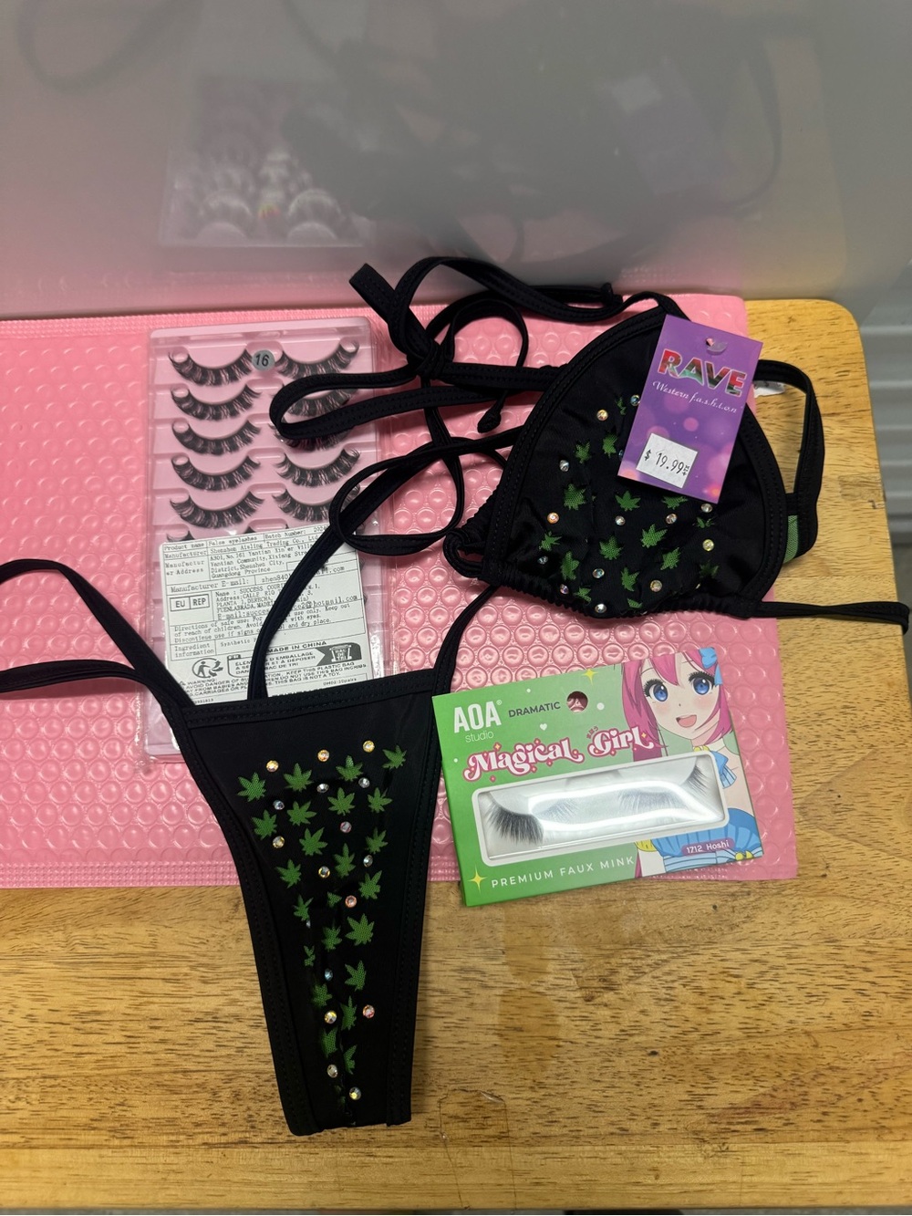 RAVE Black Bikini Set with Green Leaf Accents and Gold Studs exotic dance wear
